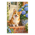 Corgi beside blue hydrangeas: original artwork on a clean white background