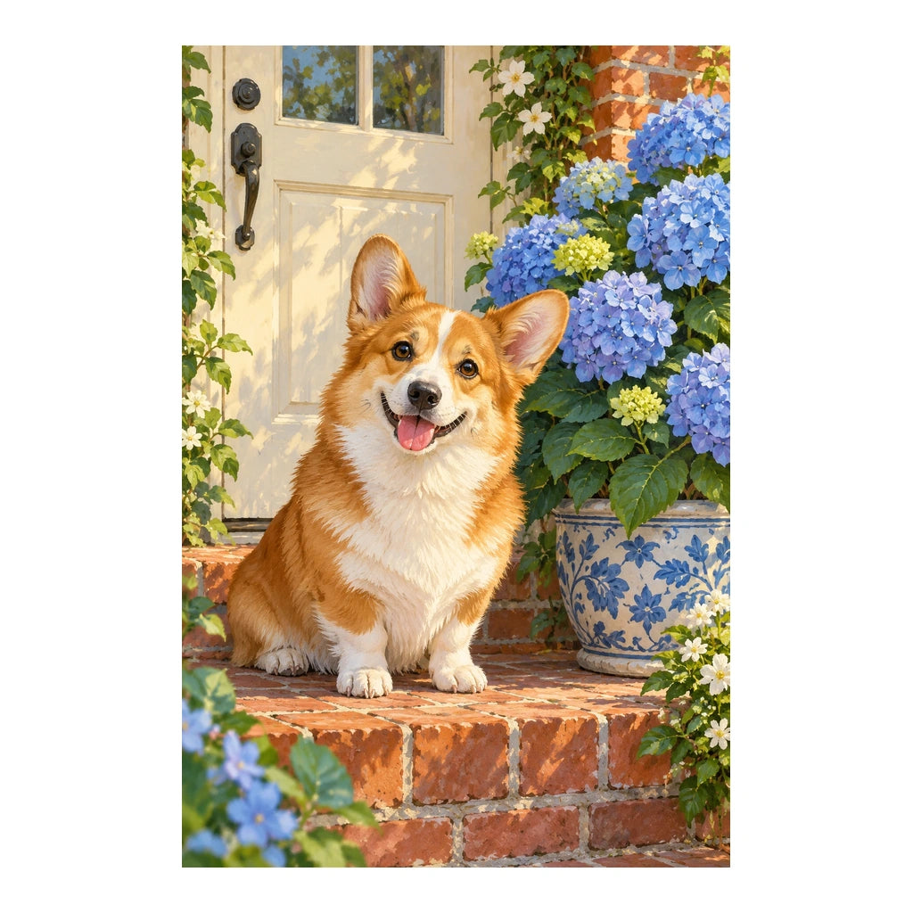 Corgi beside blue hydrangeas: original artwork on a clean white background