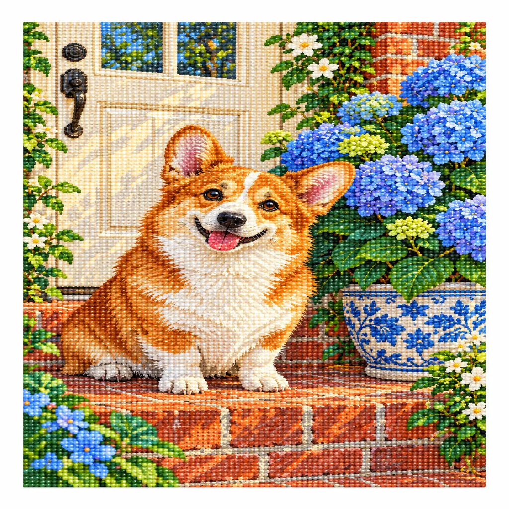 Corgi beside blue hydrangeas: finished diamond painting on a clean white background