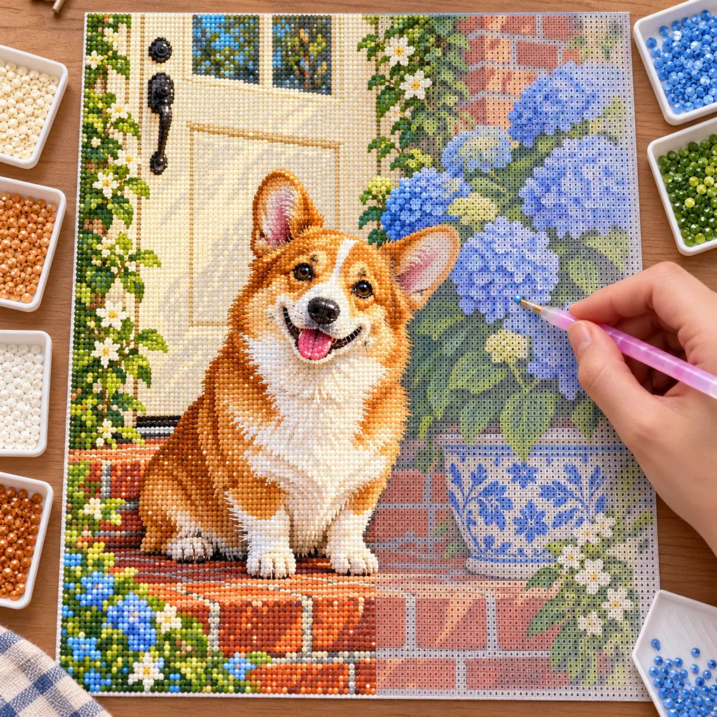 Corgi beside blue hydrangeas: diamond painting in progress with a pen