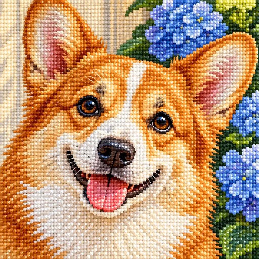Corgi beside blue hydrangeas: close-up of the diamond drills