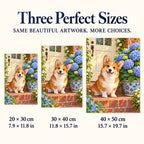 Corgi beside blue hydrangeas: three available canvas sizes