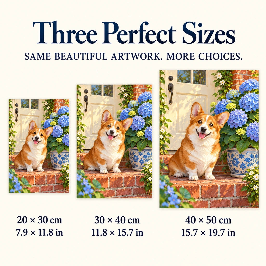 Corgi beside blue hydrangeas: three available canvas sizes