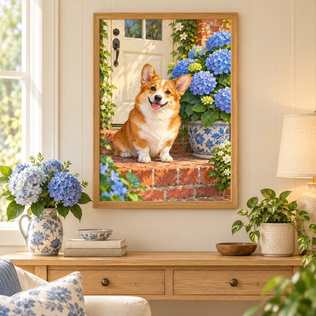 Corgi beside blue hydrangeas: displayed as home wall decor