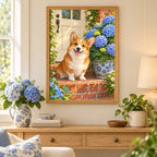 Corgi beside blue hydrangeas: displayed as home wall decor