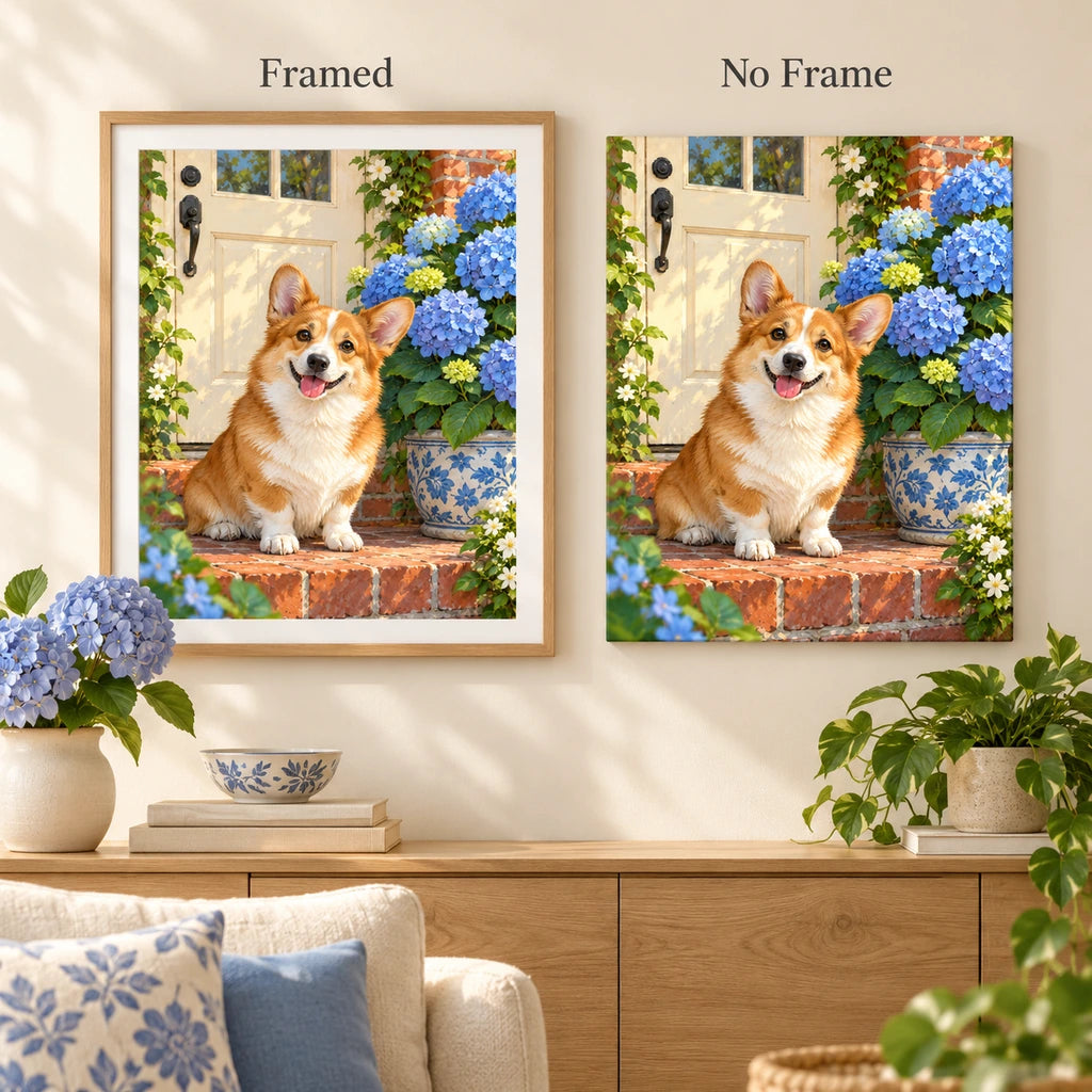 Corgi beside blue hydrangeas: framed and no-frame style comparison