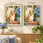 Corgi beside blue hydrangeas: framed and no-frame style comparison