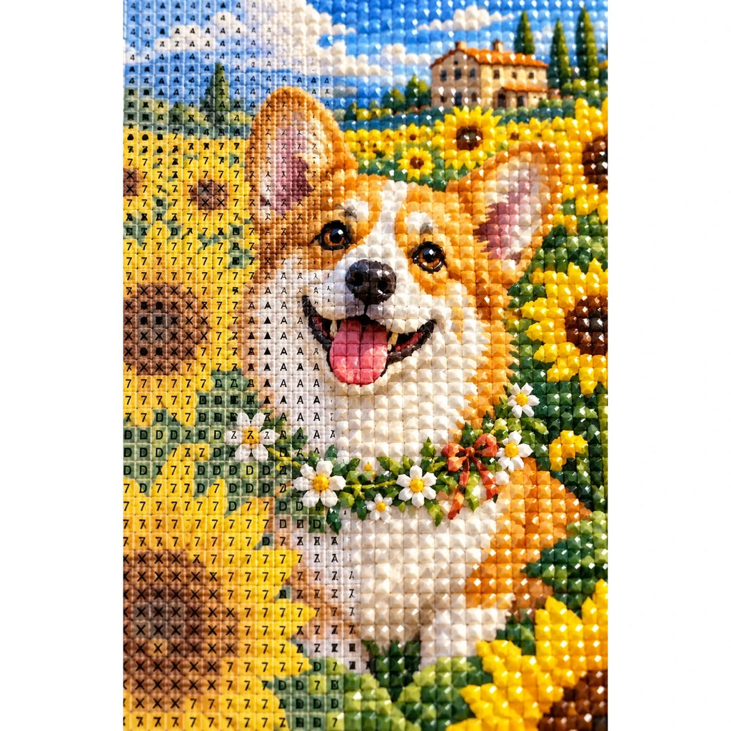 Corgi Sunflower Field Diamond Painting Kit diamond and canvas detail