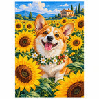 Corgi Sunflower Field Diamond Painting Kit finished diamond artwork on white background