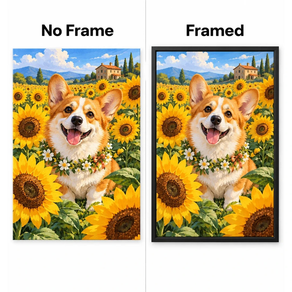 Corgi Sunflower Field Diamond Painting Kit No Frame and Framed comparison