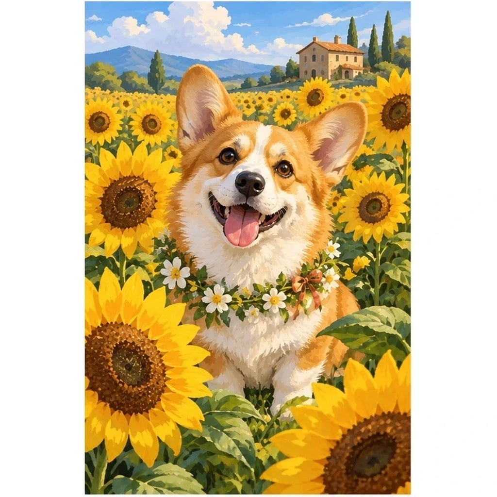 Corgi Sunflower Field original artwork on white background