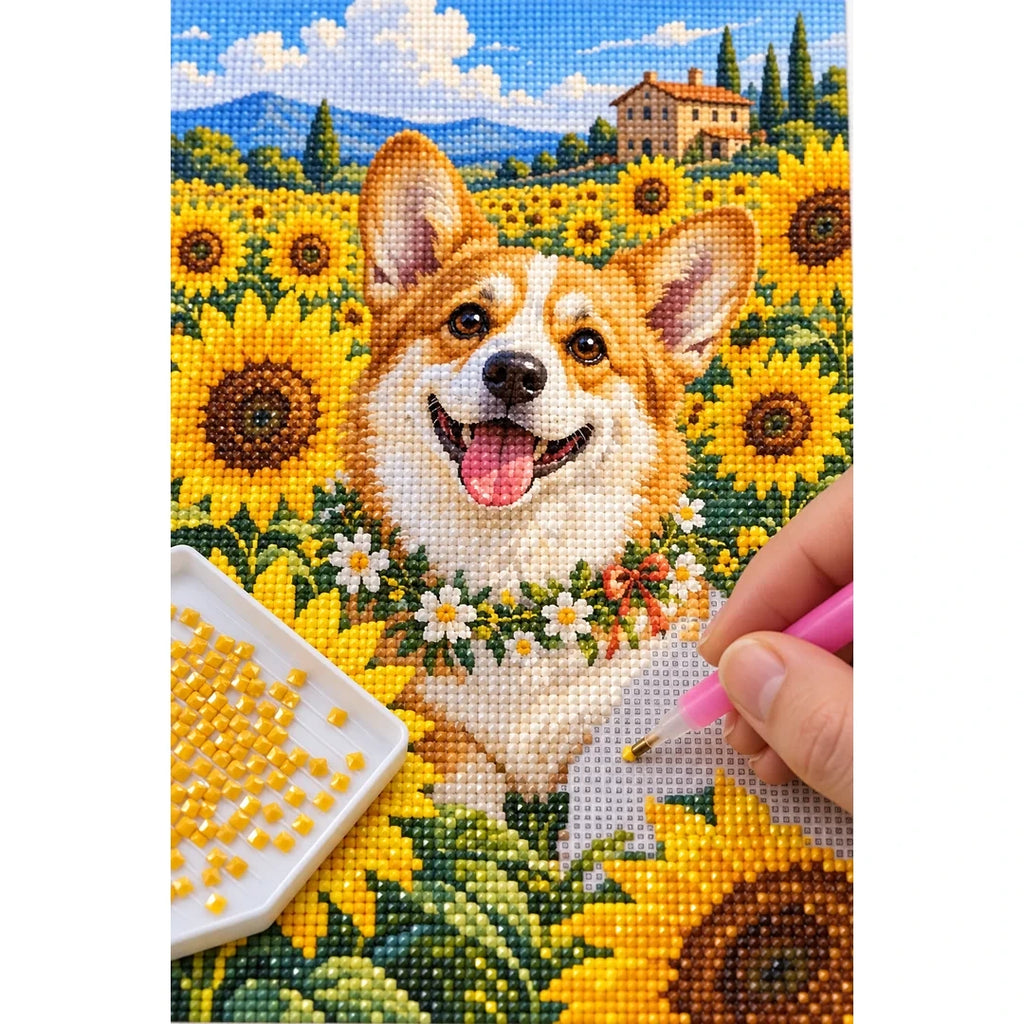 Corgi Sunflower Field Diamond Painting Kit diamond placement process
