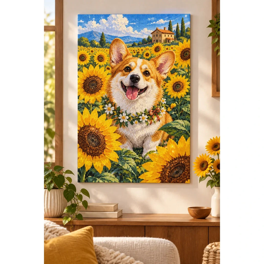 Corgi Sunflower Field Diamond Painting Kit home decor scene