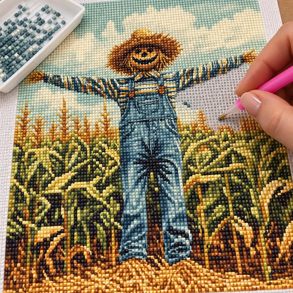Cornfield Scarecrow Diamond Painting Kit diamond placement process