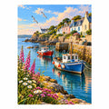 Original white-background artwork of boats in a Cornish harbor beneath pastel village houses and flowered cliffs.