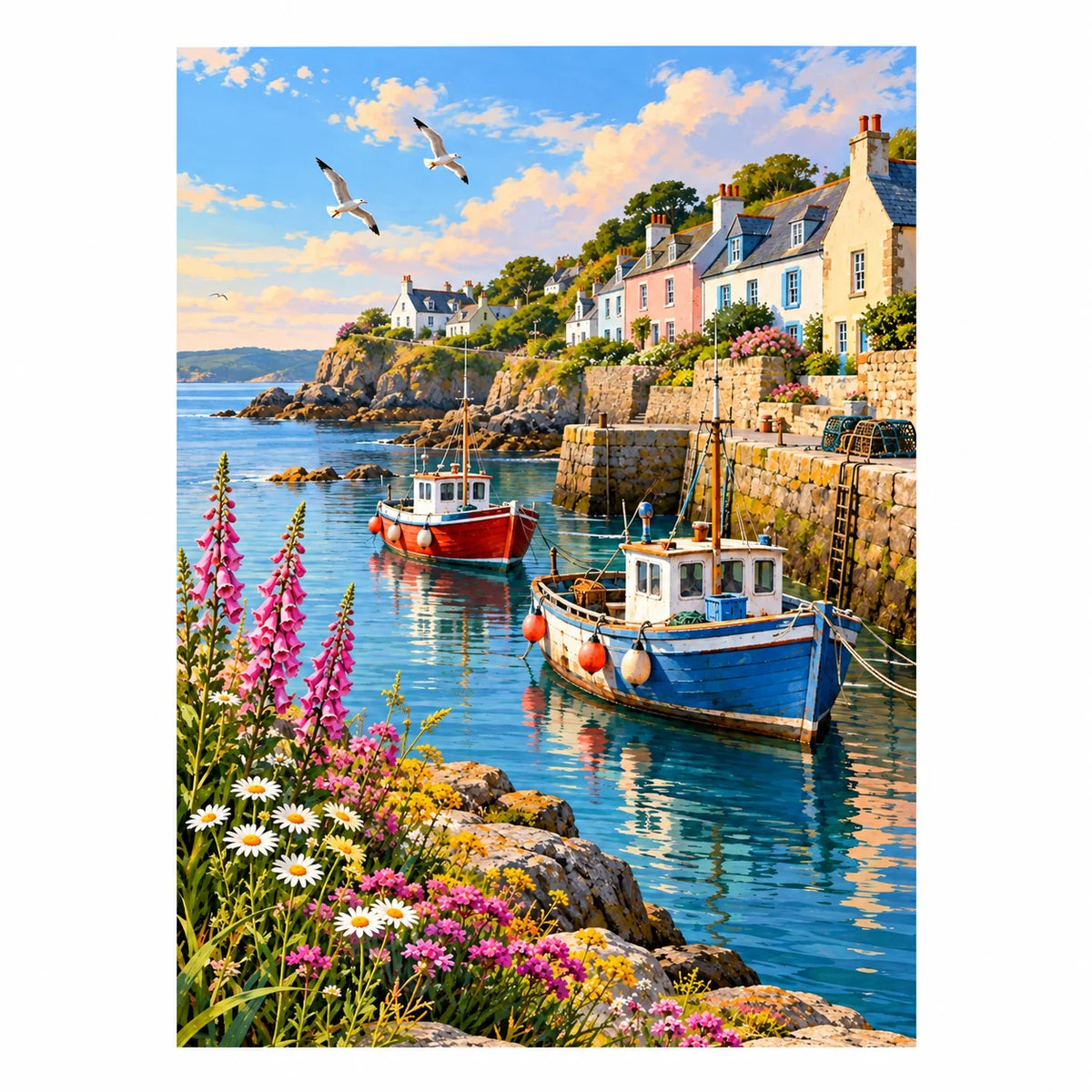 Original white-background artwork of boats in a Cornish harbor beneath pastel village houses and flowered cliffs.