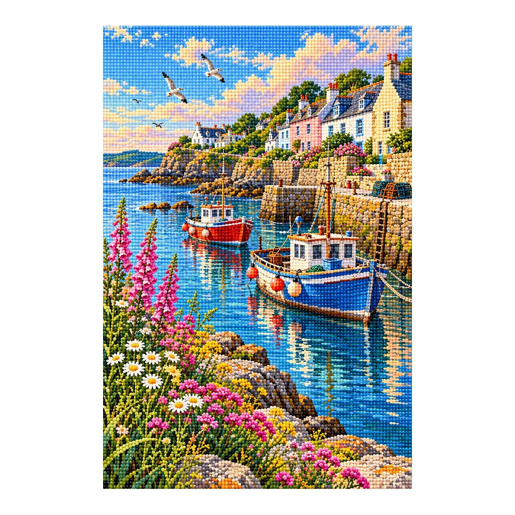 Finished diamond painting of colorful harbor boats, seaside houses, and coastal flowers on a white background.