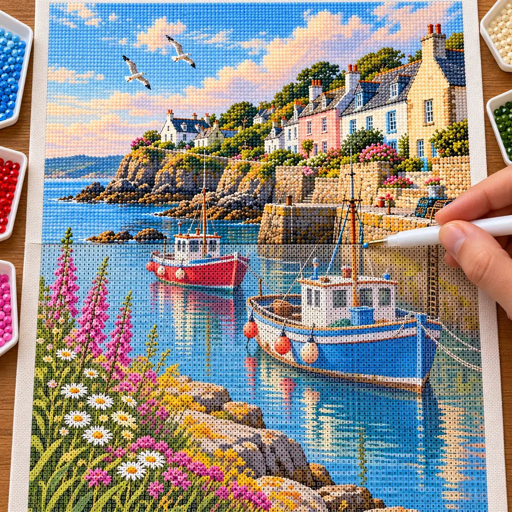 A hand places drills on the Cornish harbor boats diamond painting canvas.