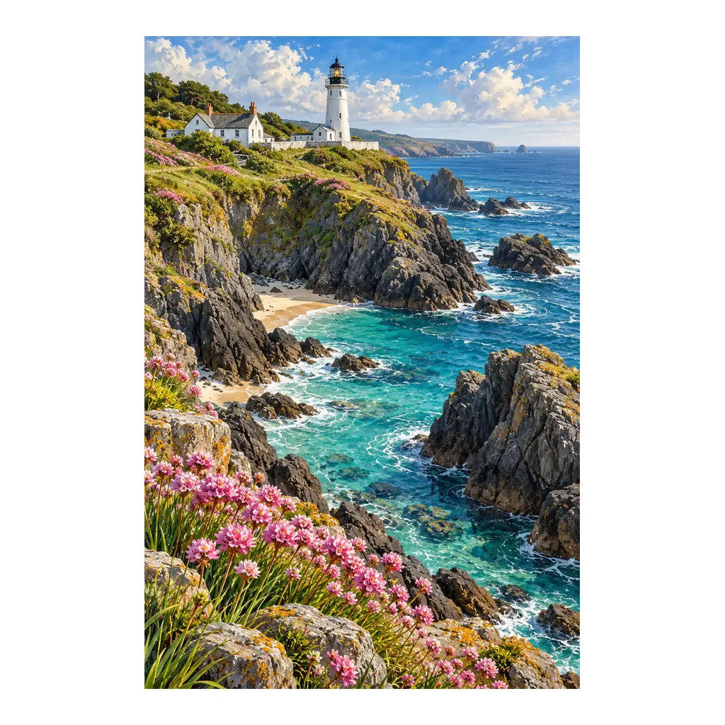 Original Cornwall coast artwork with a white lighthouse above turquoise water, rocky cliffs and pink flowers
