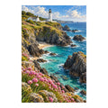 Original Cornwall coast artwork with a white lighthouse above turquoise water, rocky cliffs and pink flowers