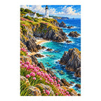 Diamond-finished Cornwall lighthouse artwork with turquoise surf, rocky cliffs and pink flowers on a white background
