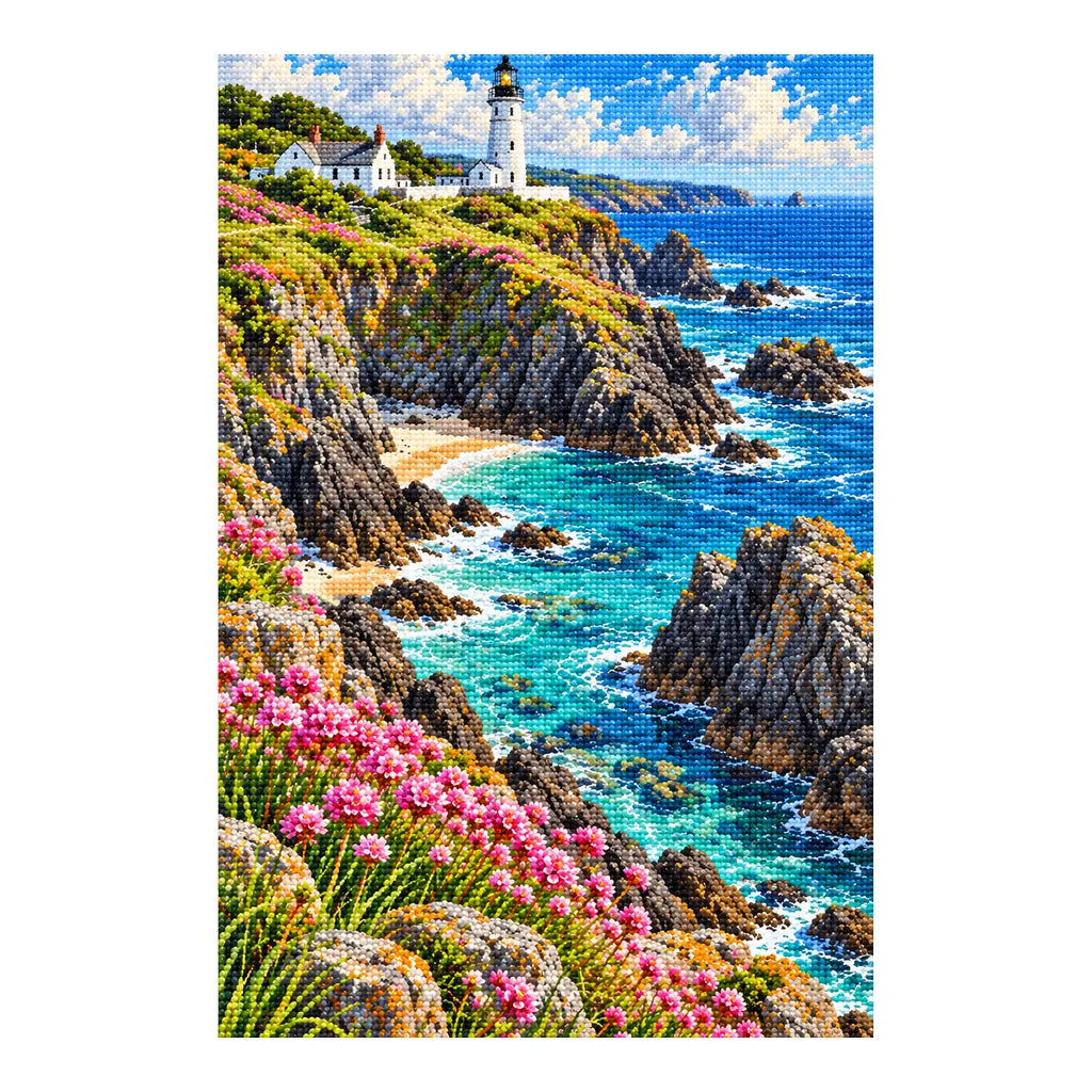 Diamond-finished Cornwall lighthouse artwork with turquoise surf, rocky cliffs and pink flowers on a white background