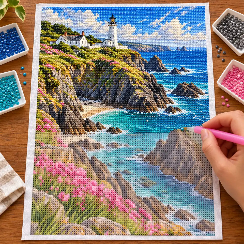 Hand placing diamond drills on the Cornwall lighthouse canvas beside trays of drills