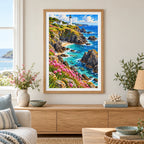 Framed Cornwall lighthouse diamond painting displayed in a bright coastal home interior