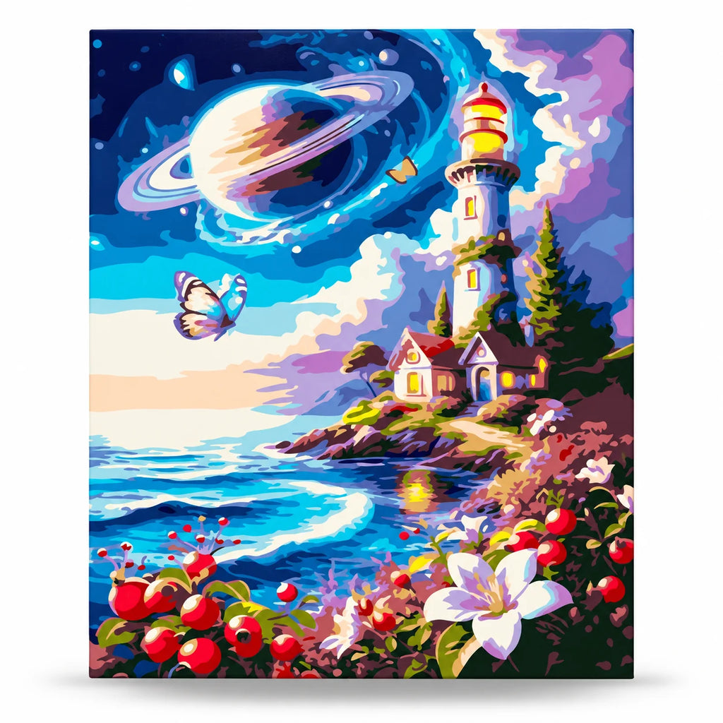 Cosmic Lighthouse and Saturn Sky paint by numbers artwork on a front-facing canvas against a white background