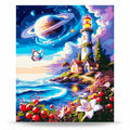Cosmic Lighthouse and Saturn Sky paint by numbers artwork on a front-facing canvas against a white background