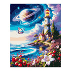 Cosmic Lighthouse and Saturn Sky completed artwork on a clean white background