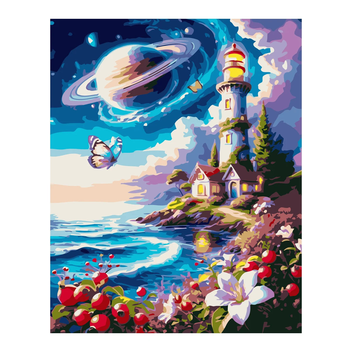 Cosmic Lighthouse and Saturn Sky completed artwork on a clean white background