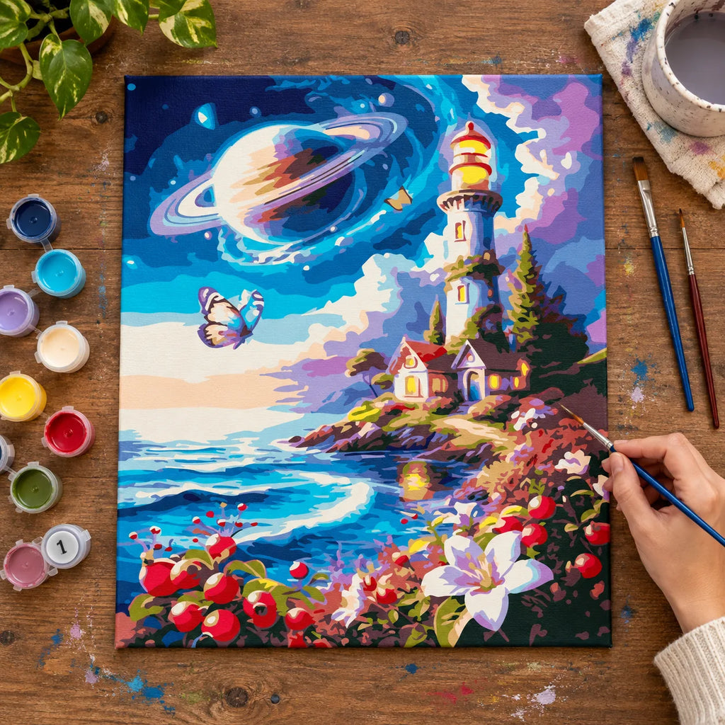 Complete Cosmic Lighthouse and Saturn Sky numbered canvas being painted with acrylic paints and brushes
