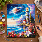 Complete Cosmic Lighthouse and Saturn Sky numbered canvas being painted with acrylic paints and brushes