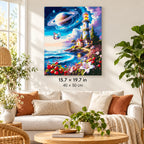 Cosmic Lighthouse and Saturn Sky shown in a styled room with 15.7 × 19.7 in and 40 × 50 cm dimensions