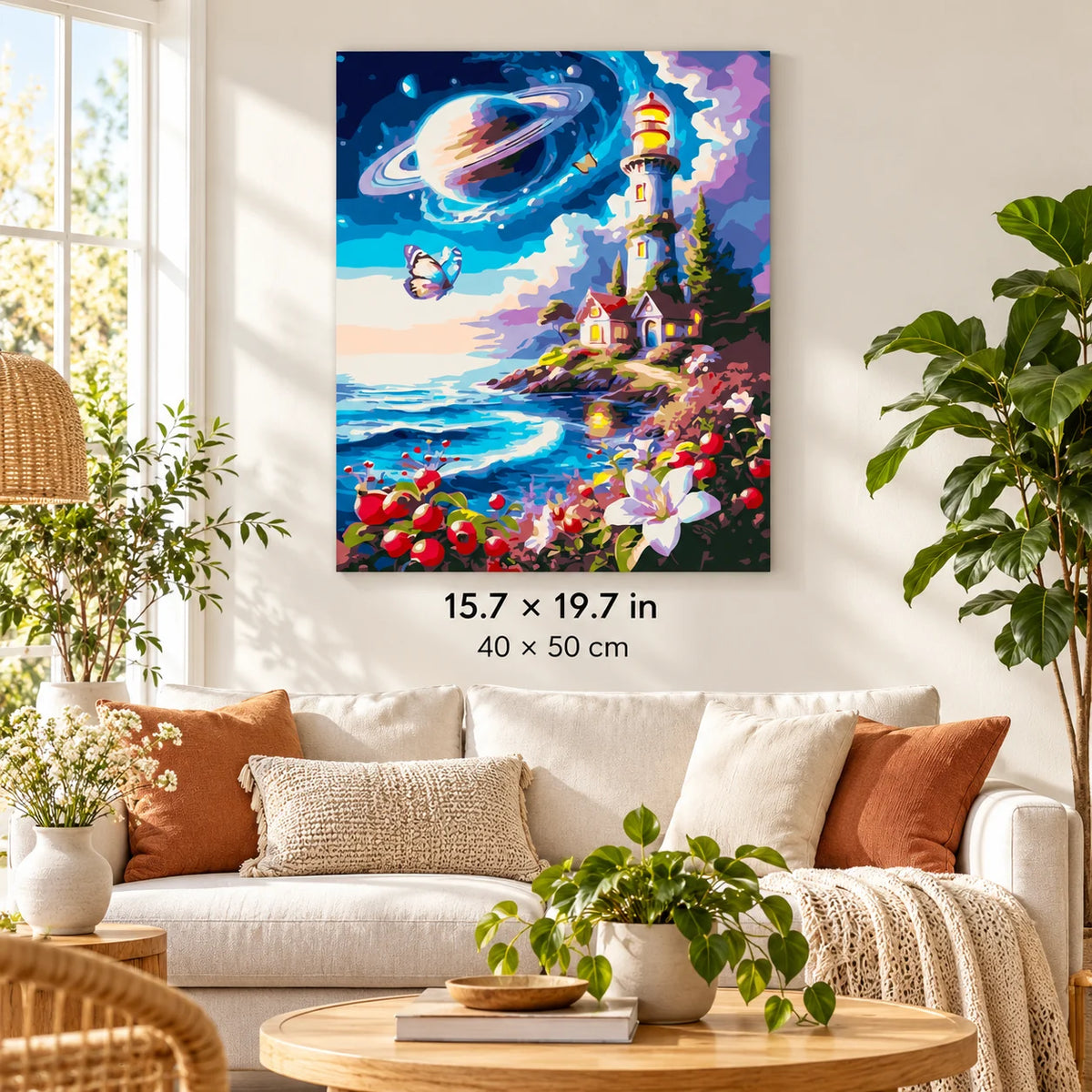 Cosmic Lighthouse and Saturn Sky shown in a styled room with 15.7 × 19.7 in and 40 × 50 cm dimensions