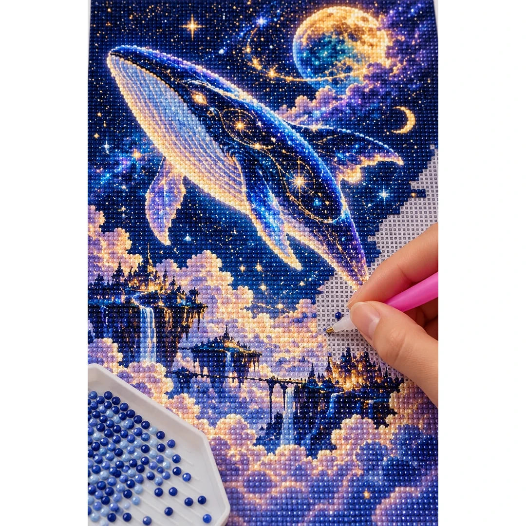 Cosmic Whale Moonlit Sky Diamond Painting Kit diamond placement process