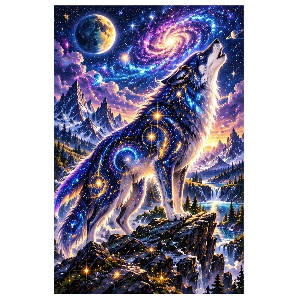 Cosmic Wolf Nebula Mountains original artwork on white