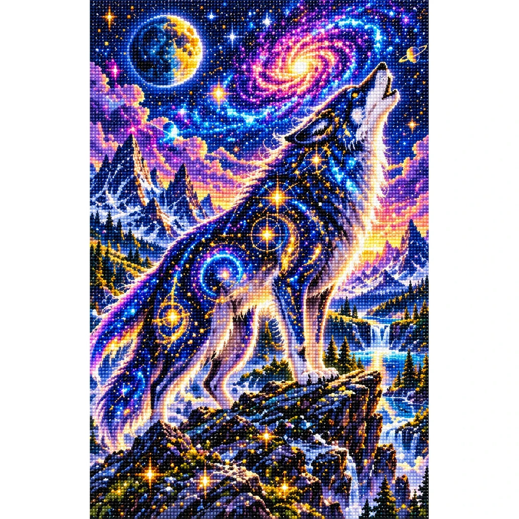 Cosmic Wolf Nebula Mountains finished diamond painting on white