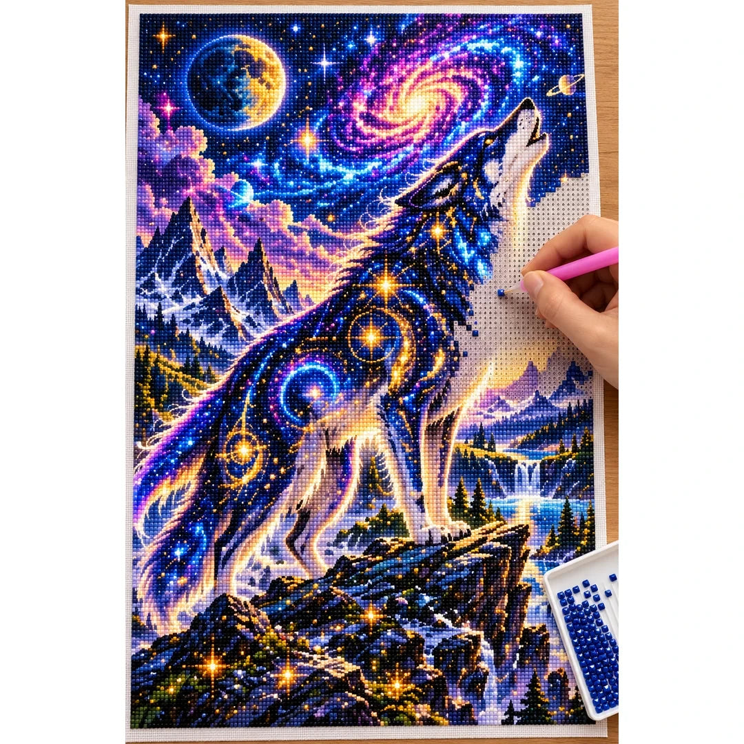 Cosmic Wolf Nebula Mountains diamond painting process