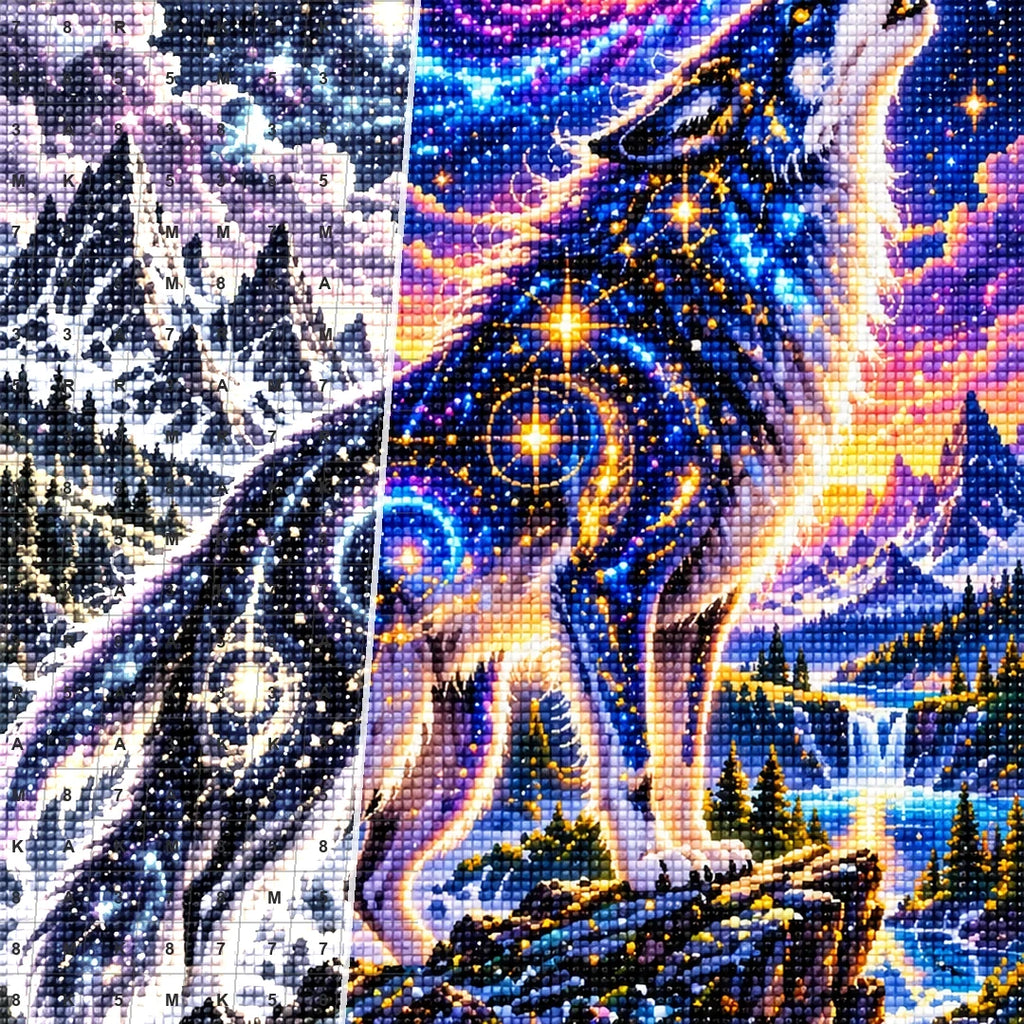 Cosmic Wolf Nebula Mountains canvas and resin drill detail