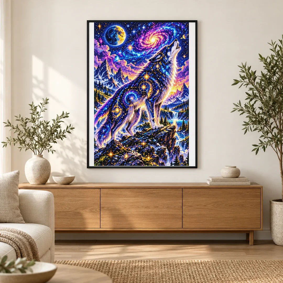 Cosmic Wolf Nebula Mountains finished artwork in home décor