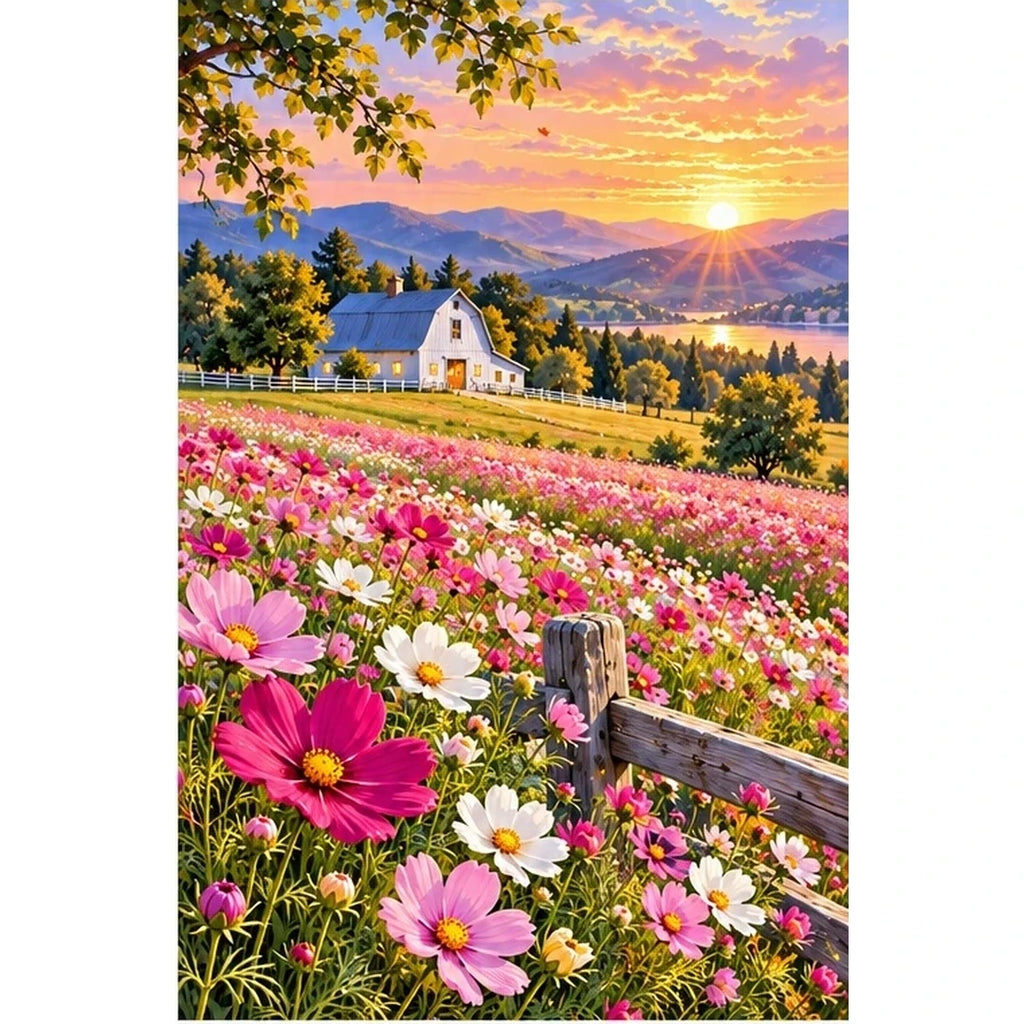 Cosmos Field White Barn Sunset — original artwork on a clean white background