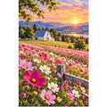 Cosmos Field White Barn Sunset — original artwork on a clean white background