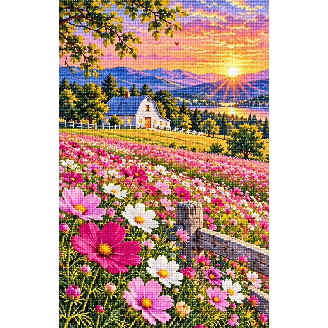 Cosmos Field White Barn Sunset — finished diamond painting on a white background