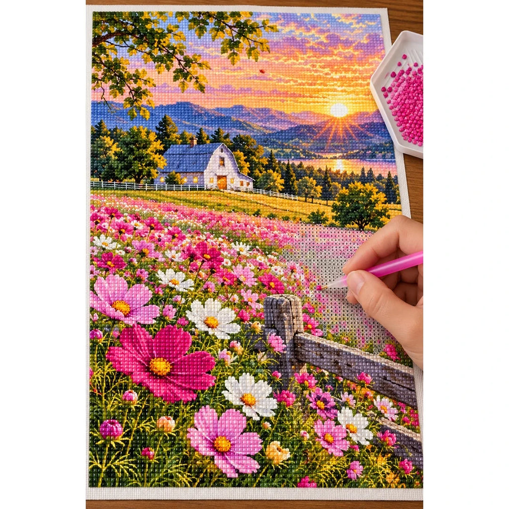 Cosmos Field White Barn Sunset — diamond painting process with applicator pen