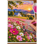 Cosmos Field White Barn Sunset — diamond painting process with applicator pen