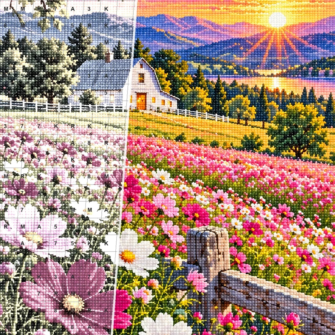Cosmos Field White Barn Sunset — close-up canvas and resin drill detail