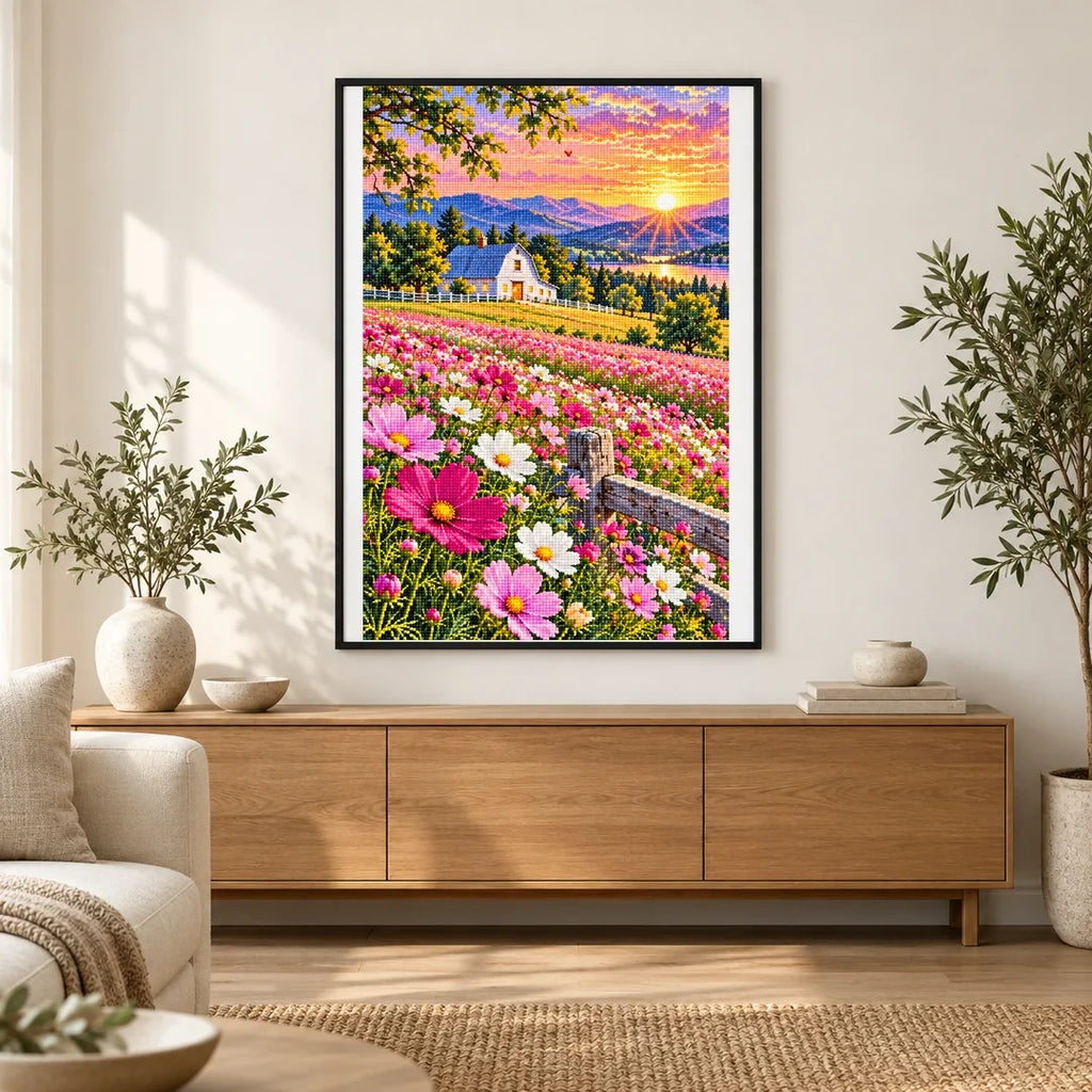 Cosmos Field White Barn Sunset — finished diamond painting displayed in a home interior
