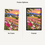 Cosmos Field White Barn Sunset — No Frame and Framed style comparison